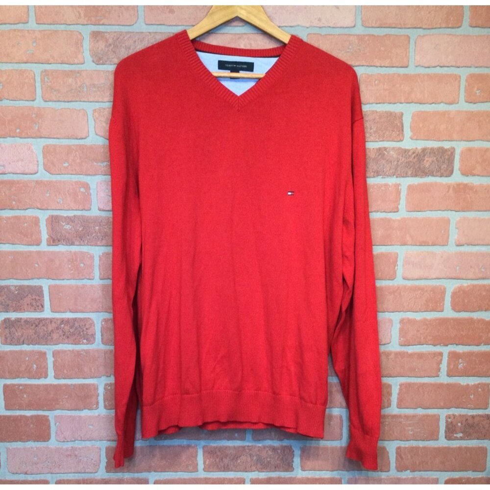 Tommy Hilfiger Mens Red V-Neck Sweater Size XL Preppy Academia Old Money